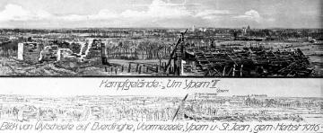 Zeichnung - Kriegsschauplatz Westflandern 1914-1918, "Ypernschlacht": Panoramaansicht des Kampfgeländes um Ypern 1916