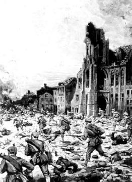 Gemälde - Kriegsschauplatz Westflandern 1914-1918, "Ypernschlacht": Deutsche Infanterie bei der Erstürmung der Stadt Dixmuiden (auch Diksmuiden) 1914
