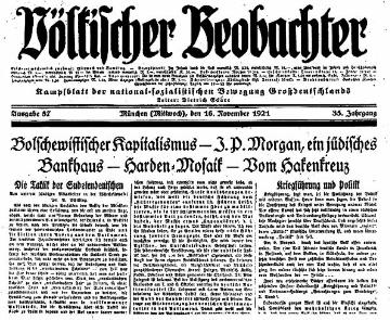 Titelblatt der ersten Ausgabe des "Völkischen Beobachters" vom 16.11.1921, Presseorgan der Nationalsozialistischen Deutschen Arbeiterpartei (NSDAP)