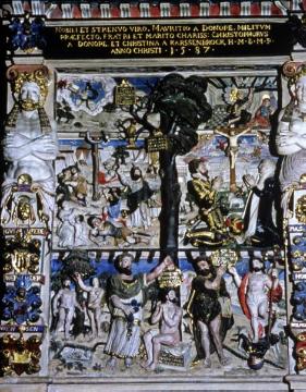 St. Nikolai-Kirche, Lemgo: "Siste parum, viator" - Epitaph für den lippischen Ritter Moritz von Donop, gestiftet 1587, Künstler: Georg Croßmann