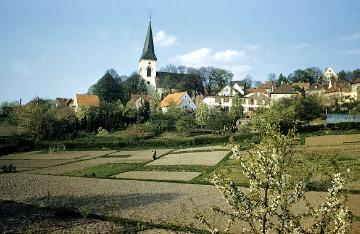 Oerlinghausen, 1960: Dorfgärten am Ortsrand mit Blick zur ev. Pfarrkirche St. Alexander