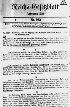 Weimarer Republik: Achtstundentag-Verordnung, Reichsgesetzblatt Nr. 162 vom 23. November 1918