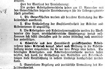 Weimarer Republik: Vereinbarung der Arbeitgeber- und Arbeitnehmerverbände vom 15. November 1918