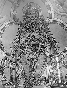 St. Maria zur Höhe, Hauptchor: Madonna im Dreipaß, restaurierte Gewölbemalerei (um 1240), Aufnahmedatum der Fotografie ca. 1913.