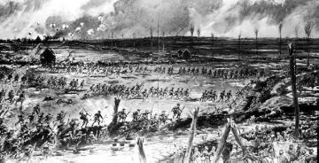 Gemälde - Kriegsschauplatz Cambrai (Frankreich) 1917: Englischer Infanterie-Angriff