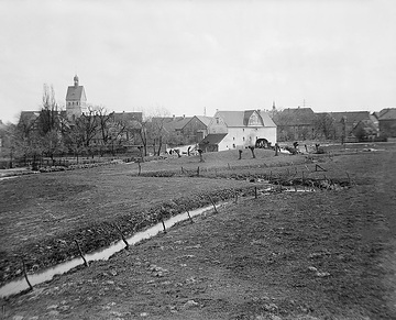 Viehweiden an der Heder am nördlichen Stadtrand Salzkotten (im Hintergrund Pfarrkirche St. Johannes und Mühle Sudkemper)
 
