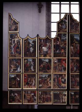 St. Petri-Kirche: Antwerpener Schnitzalter (geschlossener Zustand, Teilansicht) mit 36 Tafelbildern, Werkstatt Meister Gielesz (Gilles), vollendet 1521
