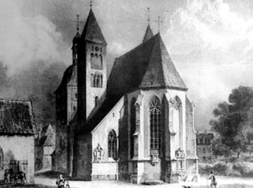 Kath. Pfarrkirche St. Mauritz, Chorseite zur Mauritz-Freiheit - Stahlstich, Johann Poppel, 1849