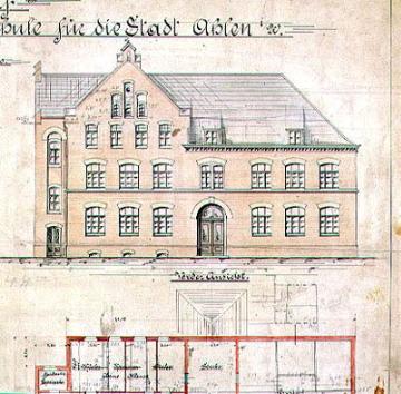 Entwurf zum Neubau einer Volksschule für die Stadt Ahlen, Aufrißzeichnung der Vorderseite, 20.5.1901
