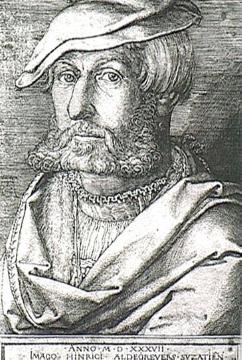 Heinrich Aldegrever, geboren 1502 in Paderborn, gestorben zwischen 1555 und 1561 in Soest (Selbstbildnis, Kupferstich von 1537), Aufnahmedatum der Fotografie ca. 1913.
