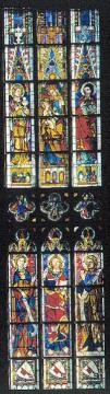 Mittlere Fenster des Chores der ev. Pfarrkirche St. Maria zur Wiese: Muttergottes und Christus, Glasmalerei aus dem 14. Jahrhundert