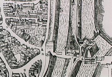 Stadtansicht, Münster 1636: Befestigung mit Mauritztor; Stich von E. Alverding (Ausschnitt)