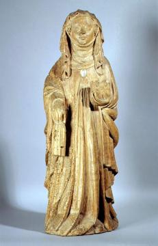 Gustav-Lübcke-Museum: Skulptur der Hl. Elisabeth mit einem Buch in der linken Hand, Nussbaumholz, Höhe 68 cm, Gotik