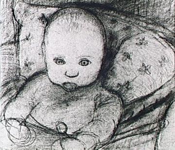 Kind in der Wiege: um 1903/04, Kohlezeichnung von Paula Modersohn-Becker