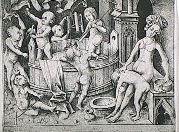 Das Kinderbad, Kupferstich von Israhel v. Meckenem aus dem späten 15. Jahrhundert