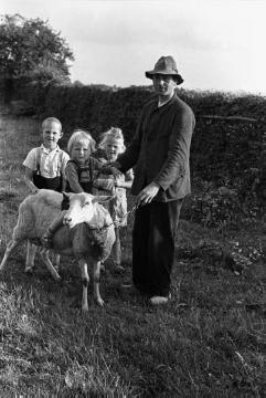 Kinder der Familie Hidding spielen mit einem Schaf