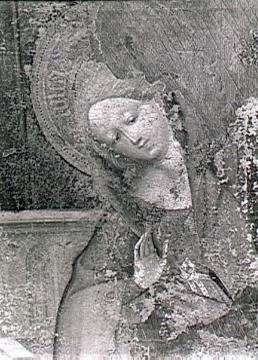 Conrad von Soest: Dortmunder Marien-Altar, um 1420: Verkündigung an Maria, Detail der stark beschädigten Außentafel