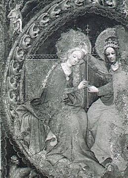 Dortmunder Marien-Altar: Marienkrönung, stark beschädigte Außentafel des Altars - Conrad von Soest, um 1420