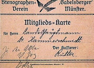 Mitgliedskarte des Landeshauptmanns Hammerschmidt: Stenographen-Verein Gabelsberger Münster (1916)