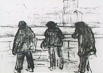 Drei Männer auf der Seinebrücke: um 1906, Kohlezeichnung von Paula Modersohn-Becker