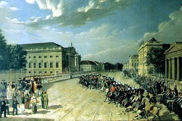 Berlin: Lebensstation des Frhrn. vom Stein um 1780 - Parade 'Unter den Linden', Gemälde von J. Schrader
