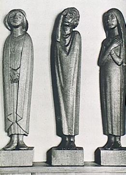 Fries der Lauschenden: 1927, Holzrelief von Ernst Barlach; drei der neun Figuren