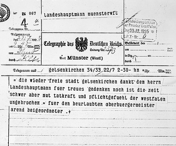 Weimarer Republik, Ende der Ruhrbesetzung 1925 - Telegramm der Stadt Gelsenkirchen vom 22. Juli 1925 an den Landeshauptmann der Provinz Westfalen mit einem Dank der "nun wieder freien Stadt Gelsenkirchen ... für treues Gedenken"