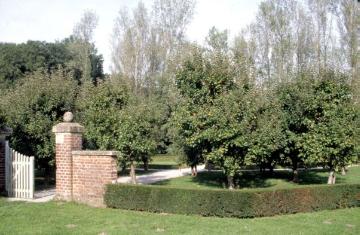 Haus Rüschhaus: Gartentor und Apfelbaumpartie im Barockgarten, angelegt 1745 von Johann Conrad Schlaun, 1983 in den historischen Zustand zurückversetzt