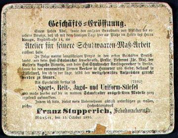 Zeitungsanzeige zur Eröffnung des Schuhgeschäfts Franz Stupperich am 15.10.1895