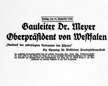 Münsterischer Anzeiger vom 17.11.1938: Kommentar zur Wahl des Gauleiters Dr. Meyer zum Oberpräsidenten von Westfalen