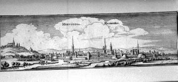Herford, historische Stadtansicht von Norden (1647), Kupferstich von M. Merian, Exponat des Heimatmuseums Daniel-Pöppelmann-Haus?
