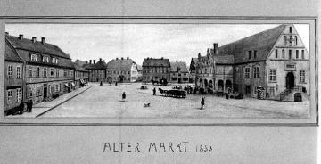 Herford, historische Stadtansicht: Alter Markt mit Rathaus um 1858, Grafik, Exponat des Heimatmuseums Daniel-Pöppelmann-Haus?