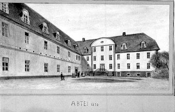 Zeichnung: Die ehem. Benediktinerinnenabtei 1858, gegr. im 8. Jh., ab 11. Jh. Kanonissenstift (Heimatmuseum Daniel Pöppelmann-Haus)