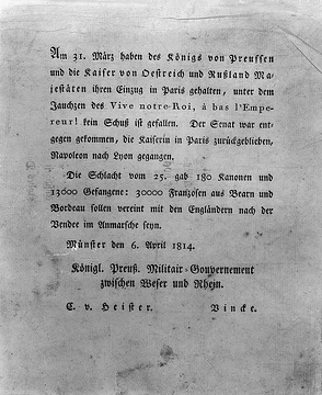 Befreiungskriege 1813/14: Siegesmeldung vom 31. März 1814, unterzeichnet von Ludwig Freiherr von Vincke (1774-1844), von 1815 bis 1844 erster Oberpräsident der Provinz Westfalen
