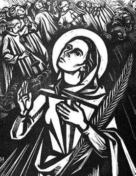 Heilige mit Palmzweig im Engelschor, Linolschnitt