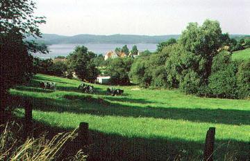 Der Möhnesee bei Körbecke mit Blick vom Haarstrang zum Arnsberger Wald