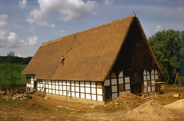 LWL-Freilichtmuseum Detmold, Lippischer Meierhof, Aufbau des Haupthauses von 1570: Dachdecker bei der Fertigstellung des Daches