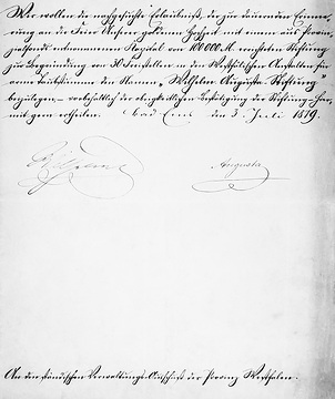Genehmigung der "Wilhelm-Augusta-Stiftung" durch Kaiser Wilhelm I. und Kaiserin Agusta, 3.8.1879