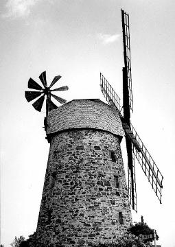 Die Großenheider Windmühle von 1731 in Todtenhausen, Seitenansicht mit Kappe und Flügel