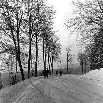 Spaziergänger auf der verschneiten Straße nach Neuastenberg