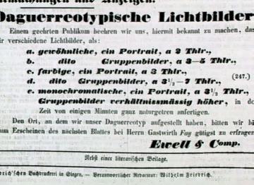 Werbeannonce für das Fotoatelier von Ewell & Comp. im Deutschen Bürgerblatt, Siegen, vom 26.04.1844