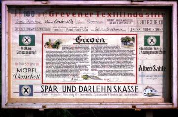 Industrie in Greven: Informationstafel von 1962 zur 100jährigen Geschichte Grevens als Standort von Industrieunternehmen
