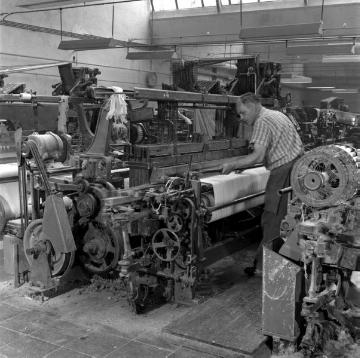 Textilindustrie in Greven, 1964: Damastweberei Schründer & Söhne, Weber an der Webmaschine