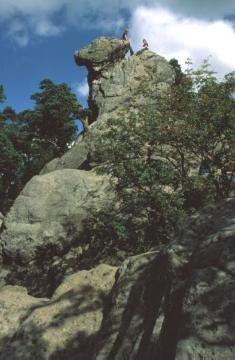Naturdenkmal "Hockendes Weib" im Naturschutzgebiet Dörenther Klippen, einer 4 Kilometer langen Sandsteinformation im Teutoburger Wald zwischen Ibbenbüren und Tecklenburg