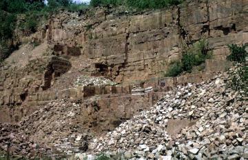 Röt-Sandstein bei Herstelle, als undurchlässiges Gestein unter wasserdurchlässigem Muschelkalk Bildner der Quellhorizonte im Wesertal