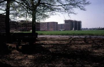 Greven, 1963: Errichtung einer Wohnblocksiedlung auf dem ehemaligen Ackerland von Hof Topphoff - Blick vom Hofgelände auf die Baustelle
