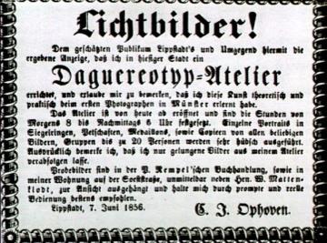 Werbeannonce des Fotografen C.J. Ophoven aus Lippstadt, Juni 1856