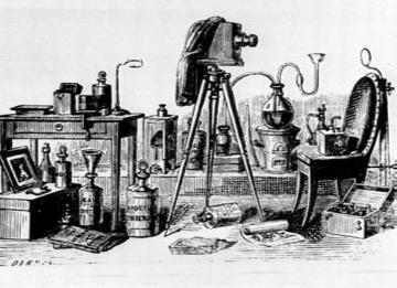 Die Ausrüstung eines Daguerreotypisten Holzschnitt von I. Thierry (1847)