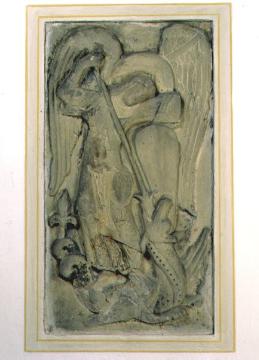 Kath. Pfarrkirche St. Dionysius: Sandsteinrelief mit Drachenkampf des Erzengels Michael, Romanik, um 1200