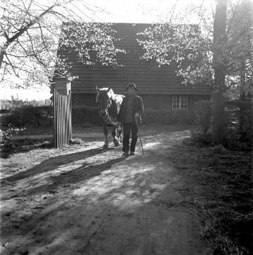 Bernhard Marpert mit Pferd vor dem Ausgangstor von Hof Böckenhoff